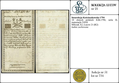 10 złotych polskich 8.06.1794, seria D, numeracja 31010, Miłczak A2, Lucow 21 (R2), ładnie zachowane