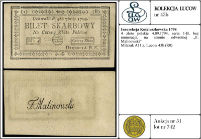 4 złote polskie 4.09.1794, seria 1-B, bez numeracji, na stronie odwrotnej \F. Malinowski, Miłczak A11a