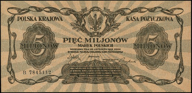 5.000.000 marek polskich 20.11.1923, seria B, numeracja 7845112, Miłczak 38, Lucow 456 (R5), pięknie zachowane, rzadkie w tym stanie zachowania
