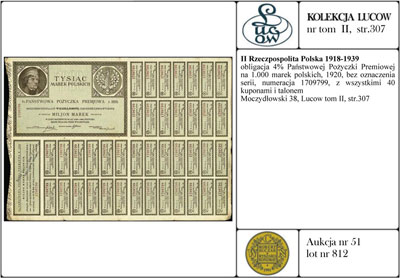 obligacja 4% Państwowej Pożyczki Premiowej na 1.000 marek polskich, 1920, bez oznaczenia serii, numeracja 1709799, z wszystkimi 40 kuponami i talonem, Moczydłowski 38, Lucow tom II, str. 307
