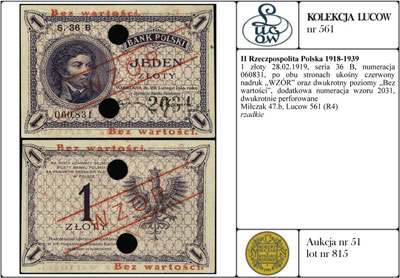 1 złoty 28.02.1919, seria 36 B, numeracja 060831