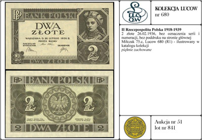 2 złote 26.02.1936, bez oznaczenia serii i numeracji, bez poddruku na stronie głównej, Miłczak 75c, Lucow 680 (R1) - ilustrowany w katalogu kolekcji, pięknie zachowane