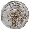 denar ok. 1157-1166, Aw: Książę siedzący na tronie na wprost, trzymający lilię w dłoni po prawej, ..