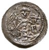 denar ok. 1146-1157, Aw: Dwaj książęta siedzący wspólnie za stołem, skierowani ku sobie trzymają w..