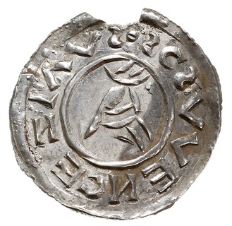 Brzetysław I 1037-1055, denar przed ok. 1050, Aw: Herb, BRAC..IAVS DVX, Rw: Dłoń boska w geście błogosławieństwa, SCS VVENCEZLAVS, srebro 0.89 g, Cach 319, wyszczerbiony