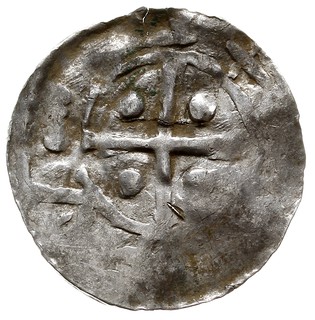 Zestaw denarów niemieckich z końca X i początku XI wieku: a) Bawaria ?, naśladownictwo denara Ottona (976-982), Krzyż / Kapliczka, w niej CNI