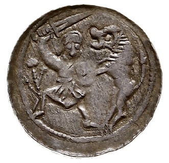 Władysław II Wygnaniec 1138-1146, denar, Aw: Książę na tronie, obok giermek, Rw: Rycerz walczący ze lwem, srebro 0.52 g, Str. 40, Such. XVI/1