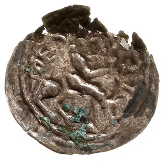 Mieszko III 1173-1202, brakteat łaciński, Postać na koniu w prawo, MESI, srebro 0.12 g, Str. 103, rzadki, lekko wykruszony, ślady patyny