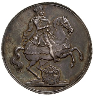 talar wikariacki 1711, Drezno, Aw: Król na koniu, Rw: Trzy stoły z insygniami koronacyjnymi, srebro 29.18 g, Kahnt 274, Schnee 1011, ciemna patyna