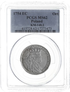 ort 1754, Lipsk, Kahnt 687 -wariant j (szerokie popiersie króla i owalny przekrój naramiennika zbroi), piękny egzemplarz, moneta w pudełku PCGS z certyfikatem MS 62