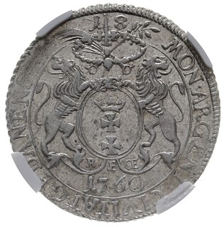 ort 1760, Gdańsk, wieniec nad tarczą herbową owalny, a powyżej nominał 1-8, Kahnt 725 -wariant b (duży wieniec nad tarczą herbową), moneta w pudełku NGC z certyfikatem AU 58, lekko niedobity, ale ładny