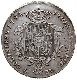 talar 1794, Warszawa, srebro 23.85 g, Plage 373, Dav. 1623, minimalny ślad naprawy nad koroną na rewersie, delikatna patyna