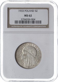 5 złotych 1933, Warszawa, Głowa Kobiety, Parchimowicz 116.c, moneta w pudełku NGC z certyfikatem MS 62, bardzo ładne, patyna