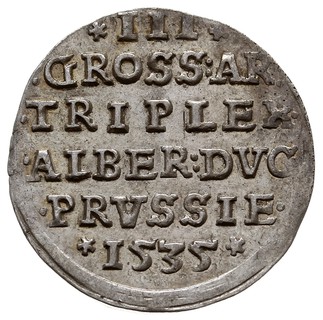 trojak 1535, Królewiec, odmiana napisu PRVSS, Iger Pr.35.b, Neumann 42, ładnie zachowany, delikatna patyna
