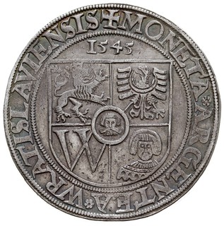 Ferdynand I 1527-1564, talar 1545, Wrocław, Aw: Tarcza herbowa i napis wokoło, Rw: Lew i napis wokoło, srebro 28.81 g, F.u.S. 3416, rzadki, patyna