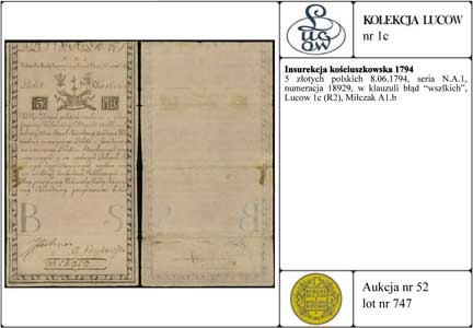 5 złotych polskich 8.06.1794, seria N.A.1, numeracja 18929, w klauzuli błąd \wszlkich, Lucow 1c (R2)