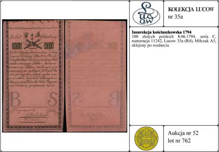 100 złotych polskich 8.06.1794, seria C, numeracja 11242, Lucow 35a (R4), Miłczak A5, sklejony po rozdarciu