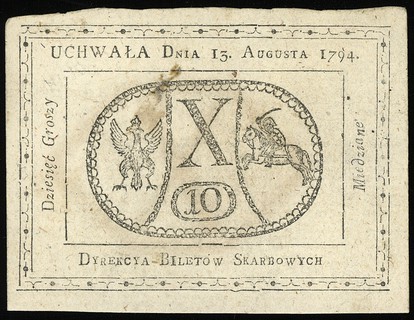 10 groszy miedziane 13.08.1794, bez oznaczenia serii i numeracji, na stronie odwrotnej \F. Malinowski, Lucow 40 (R1)