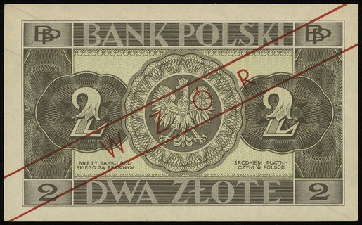 2 złote 26.02.1936, seria BX, numeracja 0690023, po obu stronach ukośny czerwony nadruk \WZÓR, Lucow 678 (R3)