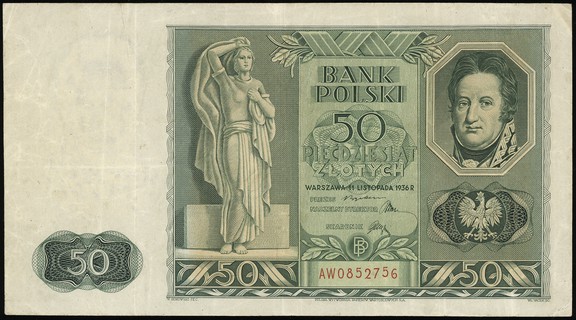 50 złotych 11.11.1936, seria AW, numeracja 0852756, Lucow 689 (R7), Miłczak 77a, pełny i kompletnie wydrukowany banknot, bardzo rzadki