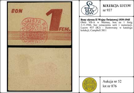Obóz VII-A w Murnau, bon na 1 fenig 2.11.1944, bez oznaczenia serii i numeracji, Lucow 937 (R2) - ilustrowany w katalogu kolekcji, Campbell 3811