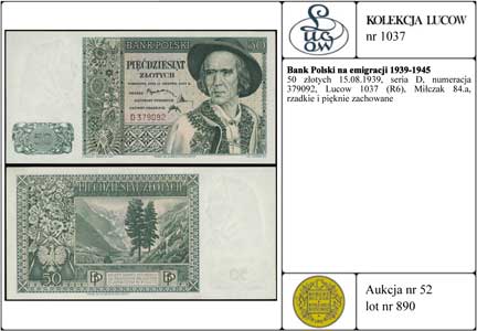 50 złotych 15.08.1939, seria D, numeracja 379092, Lucow 1037 (R6), Miłczak 84a, rzadkie i pięknie zachowane