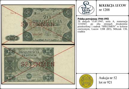 20 złotych 15.07.1947, seria A, numeracja 123456