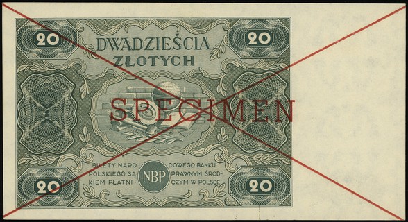 20 złotych 15.07.1947, seria A, numeracja 1234567, po obu stronach dwukrotnie przekreślony i nadruk \SPECIMEN\" w kolorze czerwonym