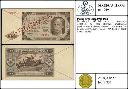 10 złotych 1.07.1948, seria L, numeracja 9309543