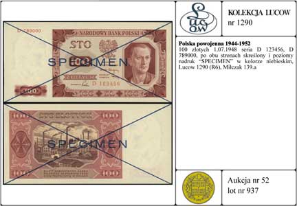 100 złotych 1.07.1948 seria D 123456, D 789000, po obu stronach skreślony i poziomy nadruk \SPECIMEN\" w kolorze niebieskim