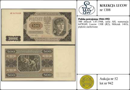 500 złotych 1.07.1948, seria AH, numeracja 6478169, Lucow 1308 (R2), Miłczak 140b, pięknie zachowane