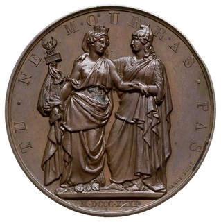 Bohaterskiej Polsce -medal autorstwa Barre’a 1831 r., wybity staraniem Komitetu Brukselskiego, Aw: Dwie postacie kobiece w strojach antycznych symbolizujące Polskę i Belgię, Rw: Napis poziomy A L’ HEROIQUE POLOGNE, u góry wieniec z gwiazdek, miedź 51 mm, H-Cz. 3831 (R4), ładny egzemplarz, patyna