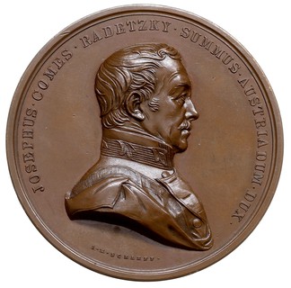 Józef książę Radetzky - medal autorstwa I.M.Scharff’a z roku 1849, wybity dla uczczenia zwycięstw odniesionych przez feldmarszałka Radetzkego we Włoszech w latach 1848-1849, Aw: Popiersie w prawo i napis wokoło, Rw: Skrzydlaty geniusz i napis wokoło DE ITALIS - 1848 1849, brąz 57 mm, Würzbach 7761, pięknie zachowany egzemplarz, patyna