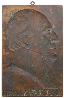 Stanisław Staszic 1926, plakieta Mennicy Państwowej sygnowana J AVMILLER, lana w brązie 248 x 168 mm, Strzałkowski Plakiety 9 (ale nie podaje tego wymiaru), uszko do zawieszania, na stronie głównej sygnatura Mennicy Państwowej