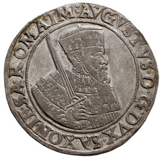 August 1553-1586, talar 1556, Annaberg, srebro 28.91 g, Dav. 9791, Schnee 703, Merseb. 652, Kahnt 48, na awersie uszkodzenia w tle