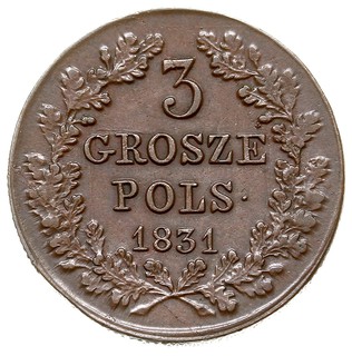 3 grosze 1831, Warszawa, odmiana z prostymi łapami Orła i kropką po POLS, Iger PL.31.1.a (R), Plage 282 bardzo ładnie zachowane, patyna