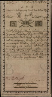 5 złotych polskich 8.06.1794, seria N.E.2, numeracja 13361, widoczny znak wodny z napisami firmowymi, Lucow 15a (R4), Miłczak A1f, ładnie zachowane