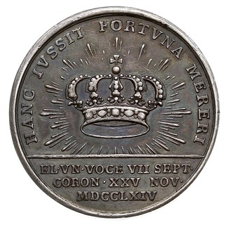 medal koronacyjny 1764 autorstwa T. Pingo, Aw: Popiersie króla w prawo i napis wokoło STANISLAVS AVGVSTVS REX POLONIAE M D LITH, Rw: Korona królewska na tle promieni i napis HANC IVSSIT FORTVNA MERERI, w odcinku EL VN VOCE... i data, srebro 33.5 mm, 17.25 g, H-Cz. 3027, Racz. 487, ładnie zachowany ze starą patyną
