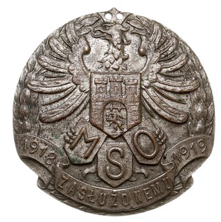 Odznaka Miejskiej Straży Obywatelskiej we Lwowie Zasłużonemu, 1919, na odwrotnej stronie nr 4335, mosiądz srebrzony 46 mm, Stela 7.21.a