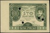 próba druku w kolorze zielonym rysunku strony głównej banknotu 100 złotych 9.11.1934, bez oznaczen..