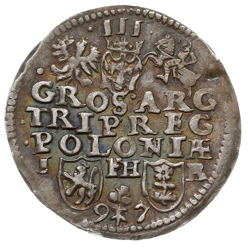 trojak 1597, Poznań, Iger P.97.4.c, drobna wada bicia, patyna