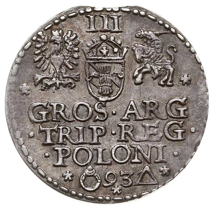 trojak 1593, Malbork, Iger M.93.1.a, moneta wybita z krawędzi blachy, delikatna patyna