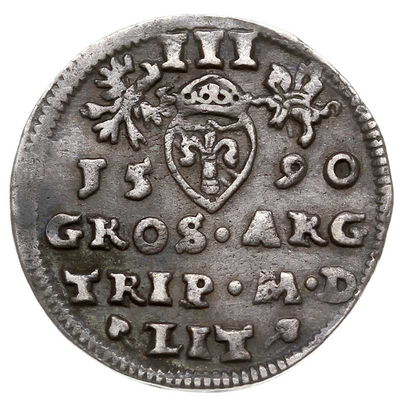 trojak 1590, Wilno, pod popiersiem króla herb Ch