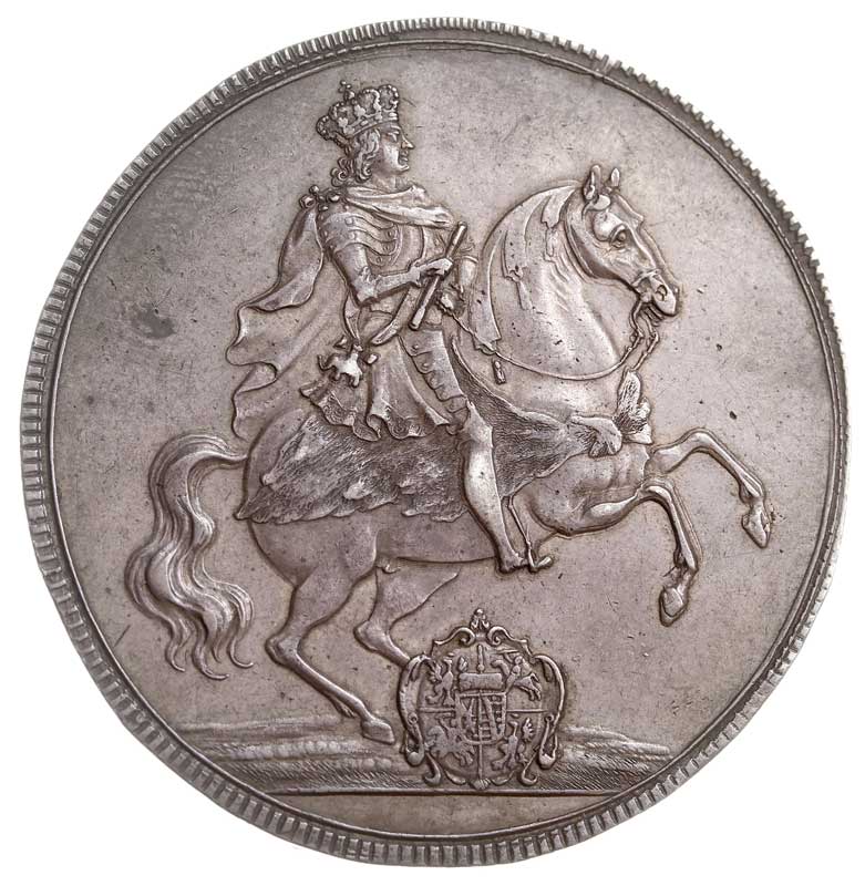 talar wikariacki 1711, Drezno, Aw: Król na koniu, Rw: Trzy stoły z insygniami koronacyjnymi, srebro 29.01 g, Kahnt 274, Schnee 1011, bardzo ładnie zachowany, ciemna patyna