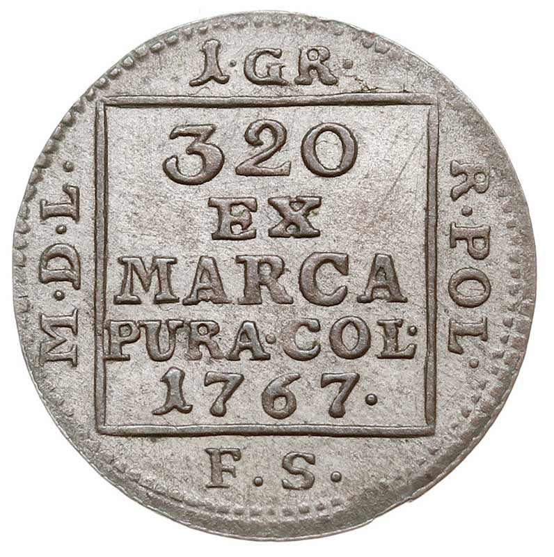 1 grosz srebrem 1767, Warszawa, korona płaska i duże cyfry daty, Plage 217, bardzo ładny, patyna