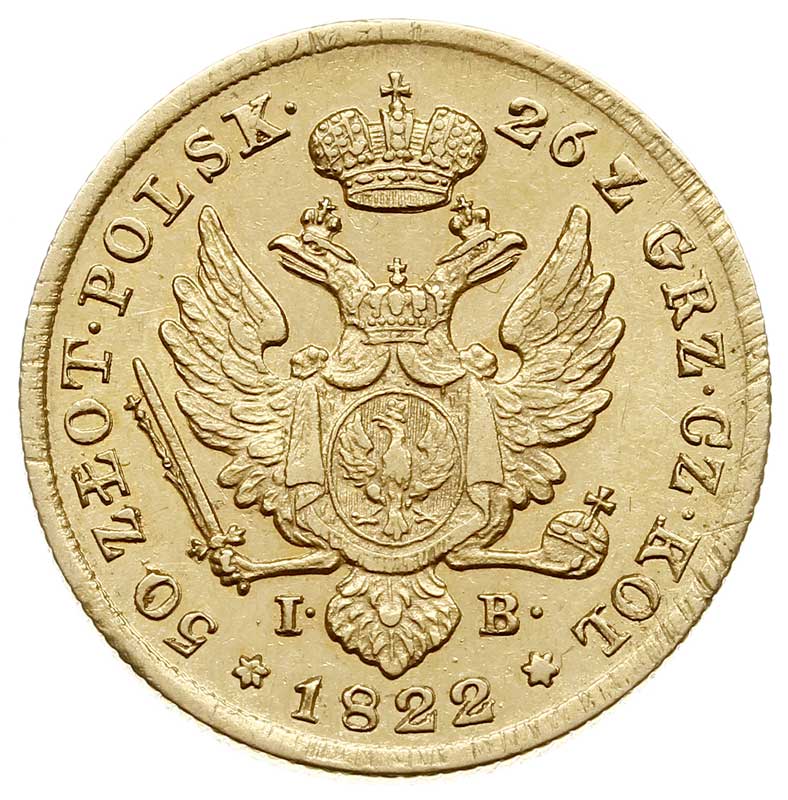 50 złotych 1822, Warszawa, złoto 9.77 g, Plage 7, Bitkin 810 (R), rzadki rocznik, minimalnie justowane, patyna