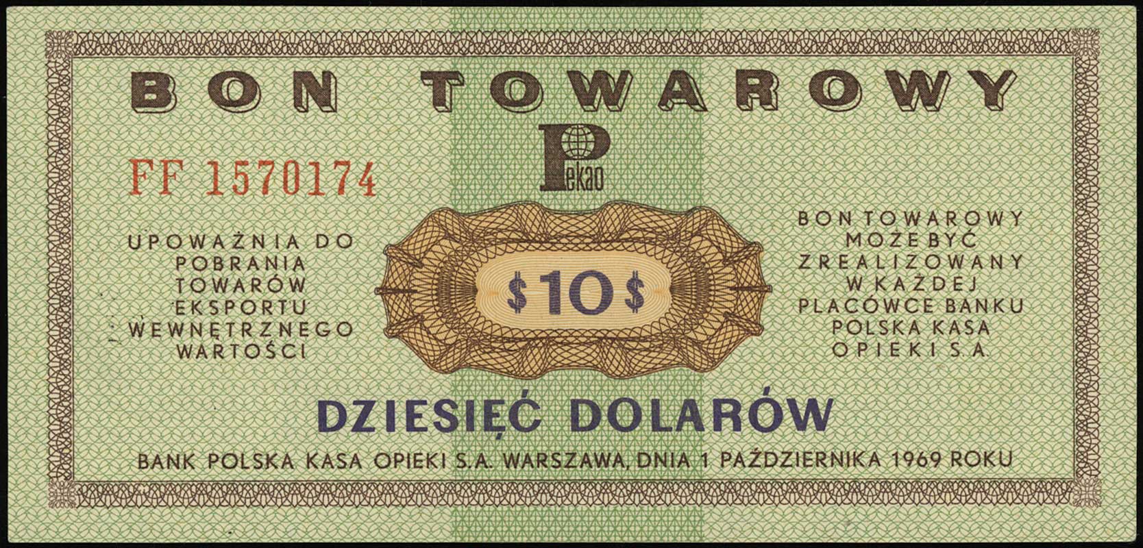 bon na 10 dolarów 1.10.1969, seria FF, numeracja 1570174, Miłczak B20b,