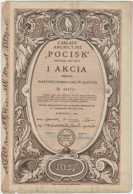 Zakłady Amunicyjne Pocisk S.A., akcja imienna na 25 złotych, Warszawa 1927, dołączony talon z kompletem 10 kuponów, Niegrzyb. VI-B-59