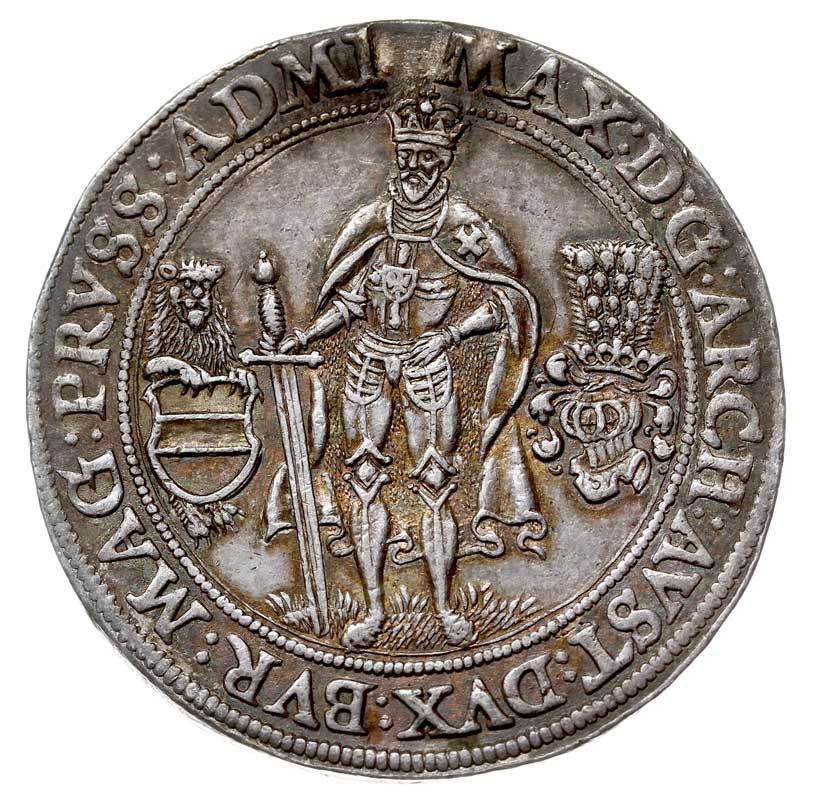 Arcyksiążę Maksymilian 1590-1618, talar 1596, Norymberga, srebro 29.14 g, Dav. 9906, Prokisch 42, ślad po usuniętej zawieszce, bardzo rzadki, egzemplarz z aukcji Hess-Divo 296/47, patyna