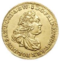 dukat 1750, Drezno, Aw: Popiersie i napis wokoło, Rw: Tarcze herbowe i napis wokoło, złoto 3.47 g,..